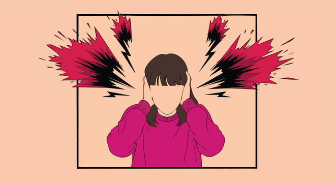Girl covering ears, loud noise, stress, mental health concept