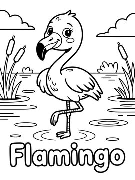 Creative Cartoon Flamingo Coloring Page Illustration: Fun Educational Activity for Children Featuring a Bird by the Water Lake Landscape