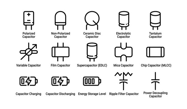 Different capacitor types and symbols for electronics design