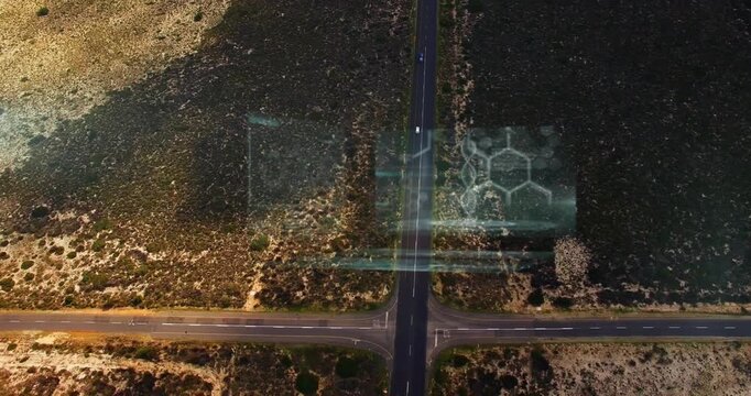 Mid road vehicles nearing crossing passing as hex rect panels over right drifting fading for maps
