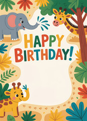 Naklejka premium Playful Children's Jungle Birthday Card Design Featuring Cartoon Elephant and Giraffe