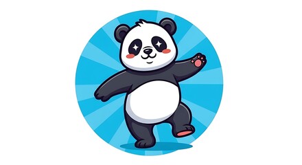 Obraz premium Cute cartoon panda character waving happily in blue circle