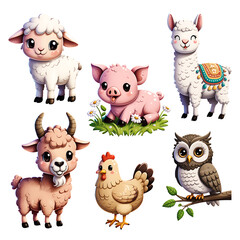 Fototapeta premium Colorful Cartoon Farm Animals in Pastoral Nature: Sheep, Pig, Llama, Goat, Chicken, and Owl in Playful Children's Art Illustrations