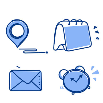 line art illustration featuring an alarm clock, calendar, email envelope, and map pin pointer. Perfect for website contact pages, daily planners, and business communication designs
