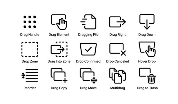 Set of minimalist drag and drop interface icons for ui design