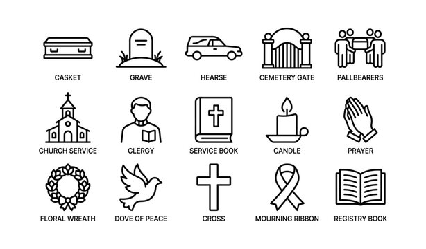 Funeral icons set: casket, hearse, cemetery gate, religious symbols, memorial items