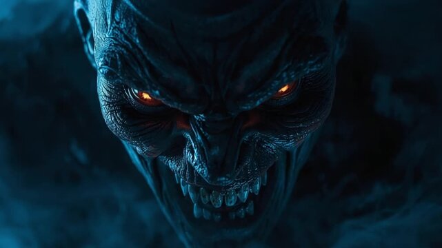 Terrifying Dark Demon Face with Glowing Eyes Emerging from Shadows &ndash; Horror Fantasy Creature