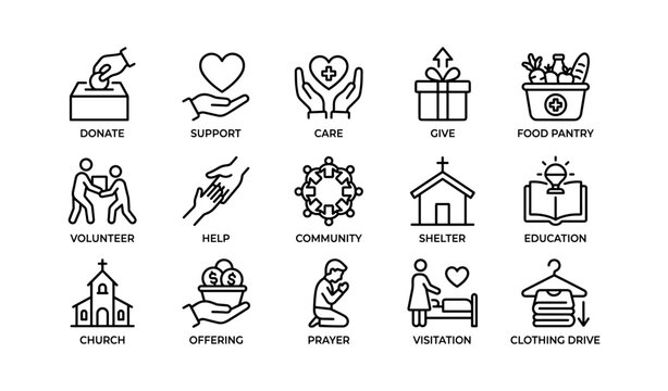 Charity symbols: donation, support, community, church, education icons
