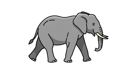 Obraz premium Cartoon gray elephant walking with tusks on white background.