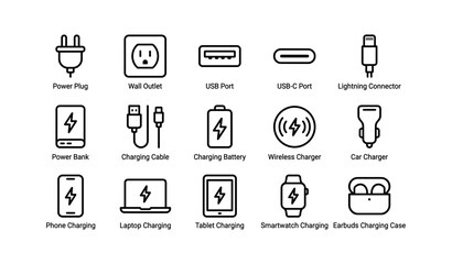 Naklejka premium Charging devices icon set: plugs, cables, connectors and chargers