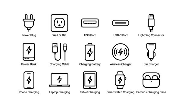 Charging devices icon set: plugs, cables, connectors and chargers
