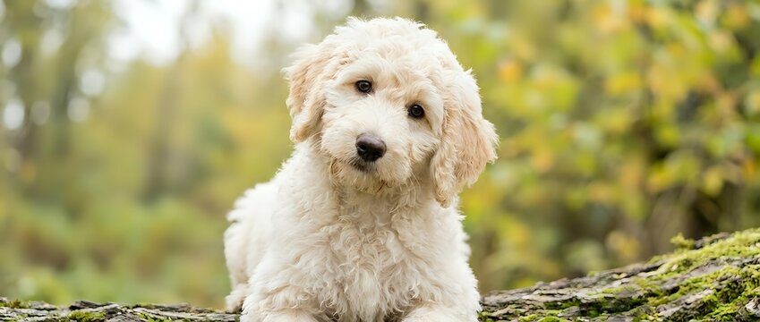 Adorable cream-colored poodle puppy sitting on moss-covered log in sunny autumn forest. Cute fluffy dog with curly coat outdoors in natural setting.