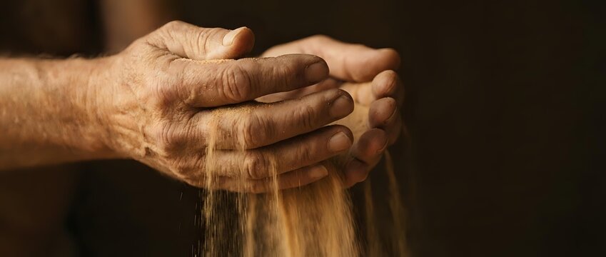 Elderly hands cupped together releasing golden sand or grain in warm light, symbolizing time passing, memories, or agricultural harvest concepts.
