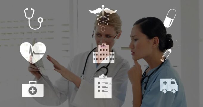 Sr doc holding medical chart, nurse leaning, pointing, clarifying plan, moving heart icons overlay
