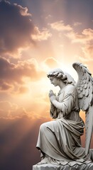 Fototapeta premium Sculpted celestial figure kneels in prayer against a vibrant sunset sky