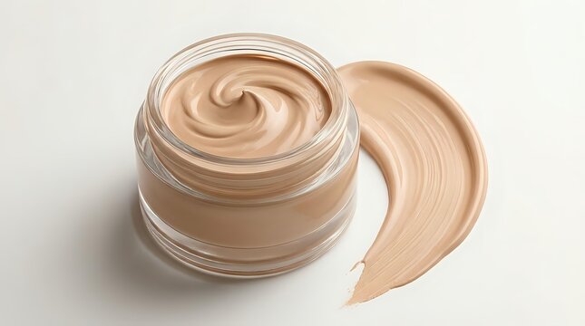 Creamy beige foundation makeup in open glass jar with smooth swirl texture and color swatch, cosmetic product for skincare and beauty routine on neutral background.