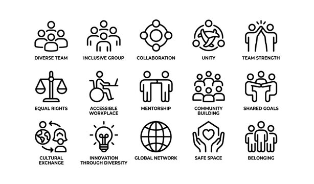 Diverse team icons illustrating collaboration, inclusion, and innovation for global unity