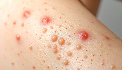 Fototapeta premium Close-up of skin with multiple blisters and red inflamed spots, possibly indicating a viral infection or allergic reaction.