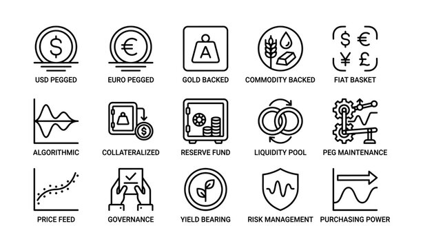 Financial icons representing stablecoins, investments, and economic concepts