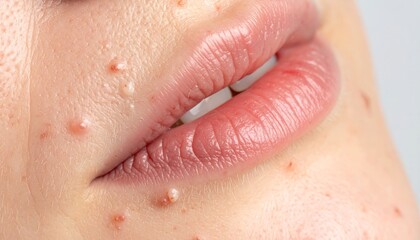 Close-up of a persons face with acne and blemishes around the mouth area, showing skin imperfections.