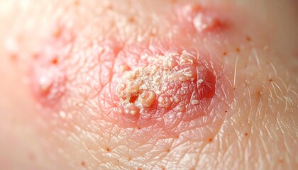 Fototapeta premium Close-up of a skin rash with visible inflammation and scabs, indicating a dermatological condition.