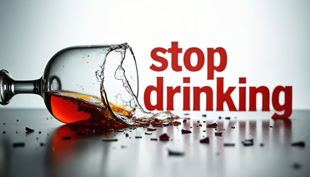 Shattered glass with spilled liquid next to red text stop drinking. Broken wine glass with amber alcohol spill. Messy table with drink fragments and liquid splash.