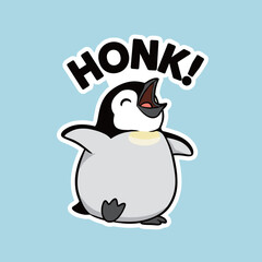 Obraz premium Joyful baby penguin shouting honk text sticker for winter and happy vibes