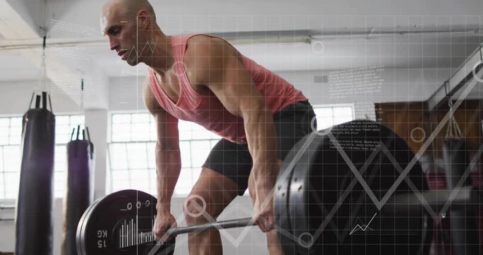 Gripping loaded barbell, man pulling toward ribs at gym for strength training, pink tank, overlay