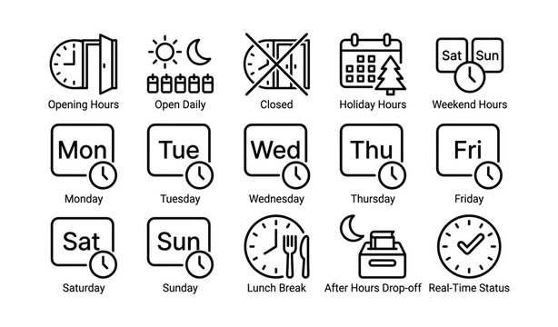 Opening and closing icons: weekdays, weekends, holidays, lunch breaks