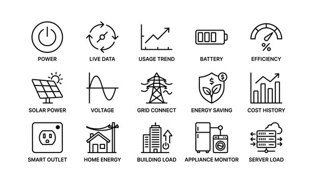 Energy monitoring icons: solar, battery, efficiency, smart grid, home energy