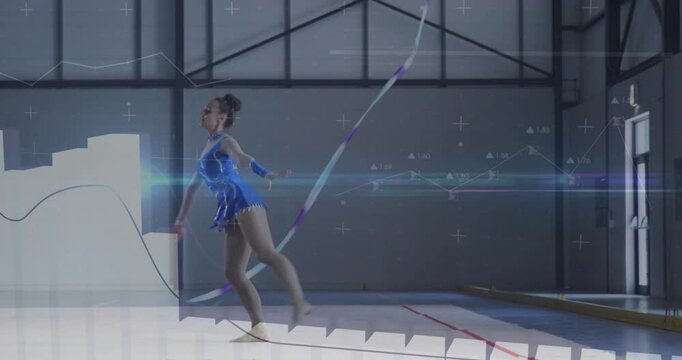 Teen gymnast taking step and launching ribbon leap in sports training, animated charts mapping path