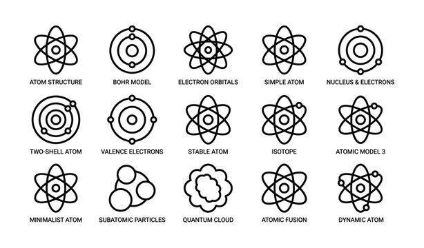 Collection of atomic models and structures illustrating atom science concepts