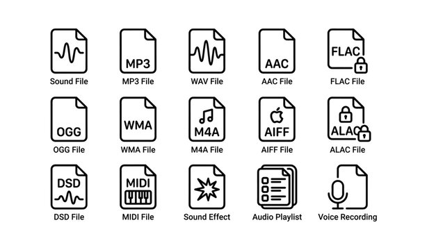 Various audio file icons including mp3, wav, and flac formats