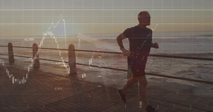 Senior runner accelerating past posts, exercising along seafront, finance charts overlaying runner