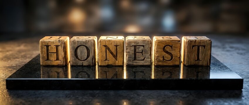 Wooden letter blocks spelling HONEST arranged on dark surface with warm lighting, representing integrity, trust, and ethical business values in corporate environment.