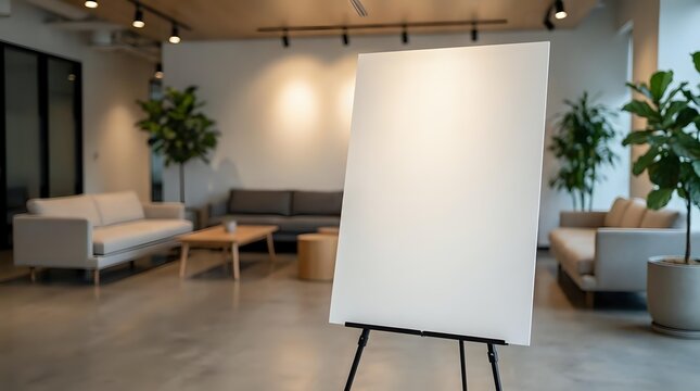 Blank white presentation board on easel in modern office lobby with comfortable seating area and green plants for business meetings and presentations.