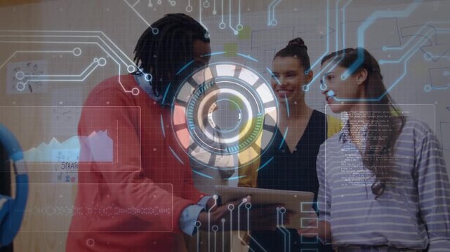 Lead showing tablet in business meeting, team leaning, HUD pulsing over tablet, reaching consensus
