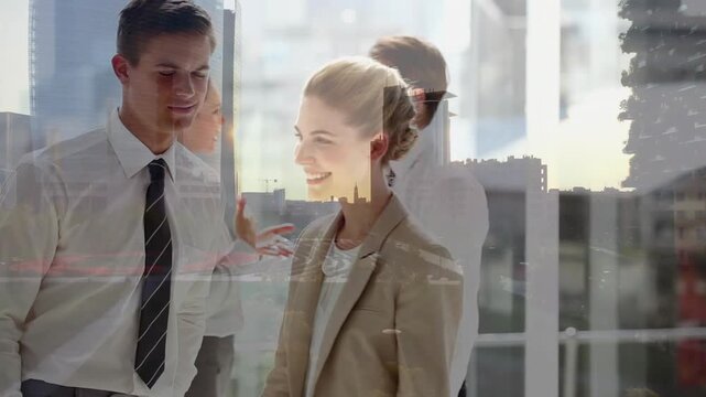 Man on left initiating handshake with woman on right, glass reflections overlaying for business