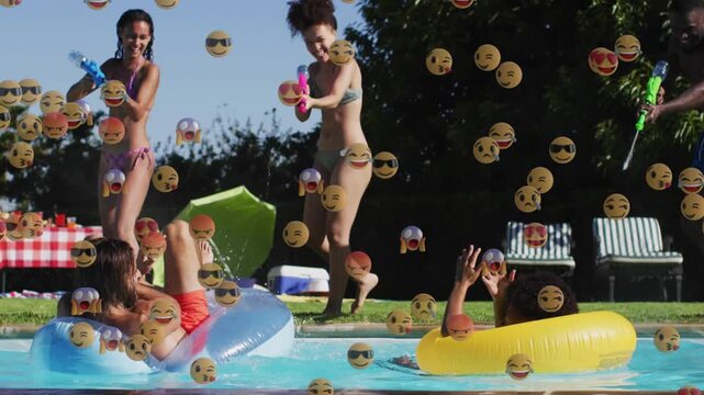Two women firing blasters starting pool fight for fun group splashing floats bobbing emojis growing