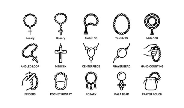 Icons of rosary, tasbih, and mala beads various styles and uses
