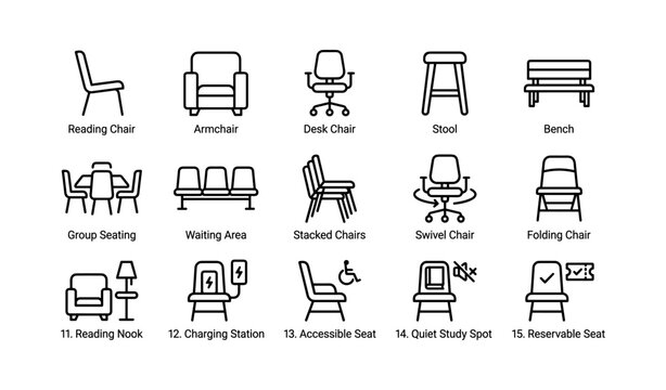 Variety of seating and study options with icons for different spaces