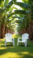 Two empty white plastic chairs rest on green grass between rows of banana trees with bunches of fruit. Serene outdoor setting invites relaxation in tropical nature.