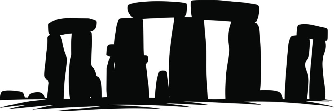 Stonehenge silhouette illustration, ancient prehistoric stone circle monument landmark, historic megalith structure isolated black vector design