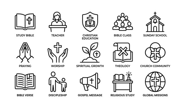 Christian education icons: study bible, worship, theology, church community symbols