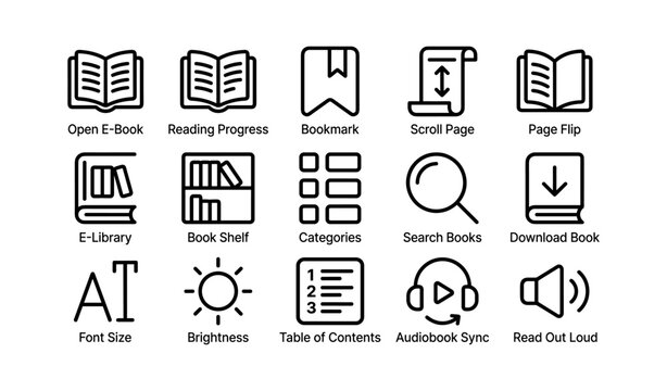Digital reading icons set for e-books and libraries