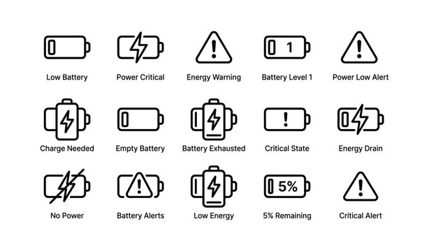 Battery status icons: low power, energy warning, charge alerts, critical levels, empty battery indicators