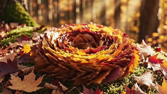 Vibrant autumn leaves arranged in a circular pattern on the forest floor surrounded by trees