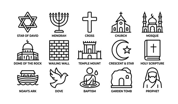 Religious symbols: star of david, menorah, cross, mosque, dome, wailing wall, temple, crescent, ark, dove
