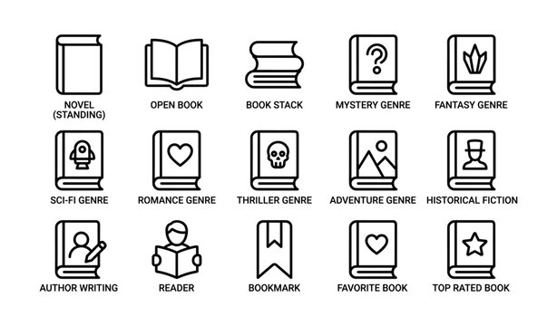 Book genre icons collection: mystery, sci-fi, fantasy, romance, adventure