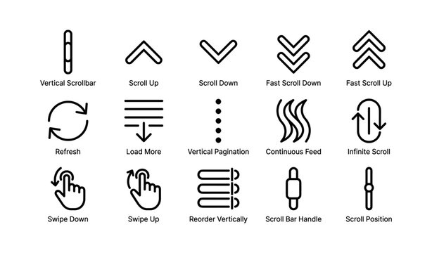 User interface icons: scrollbars, pagination, swipes, refresh, vertical navigation
